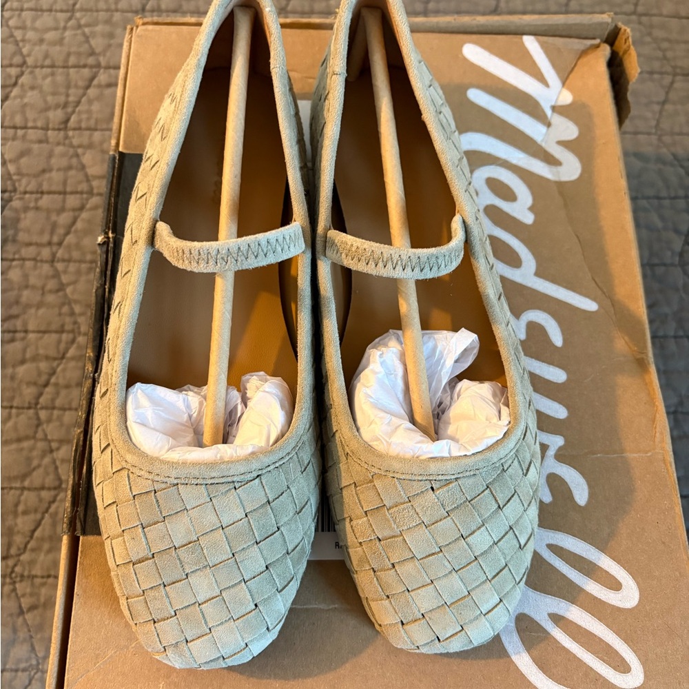 Madewell Suede Woven Mary Jane Flats - Pale Sage Green